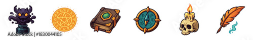 Set of fantasy magic cartoon style icons featuring a horned ink monster, a golden pentagram, a spellbook, a runic compass, a skull with a candle, and a magical quill