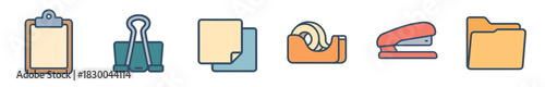 Set of colorful office supply icons including a clipboard, binder clip, paper, tape dispenser, stapler, and folder in a flat line art style