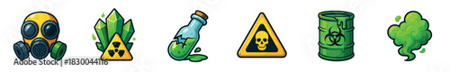 Hazardous material and toxic waste icon set with a gas mask, radioactive crystals, biohazard barrel, skull sign, broken potion, and green gas cloud