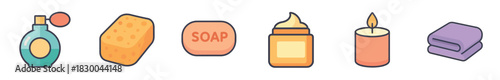 Set of colorful bath and spa icons including perfume, sponge, soap, cream, candle, and towel in a flat vector style