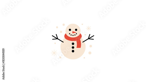 Cute cartoon snowman with a red scarf and stick arms standing in falling snow