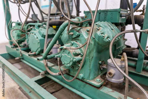 Compressor machine room for large warehouse refrigeration facility for food preservation