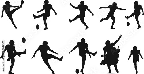 American football player silhouette set, kick run poses, sport motion icons, athletic vector bundle, graphic action design pack