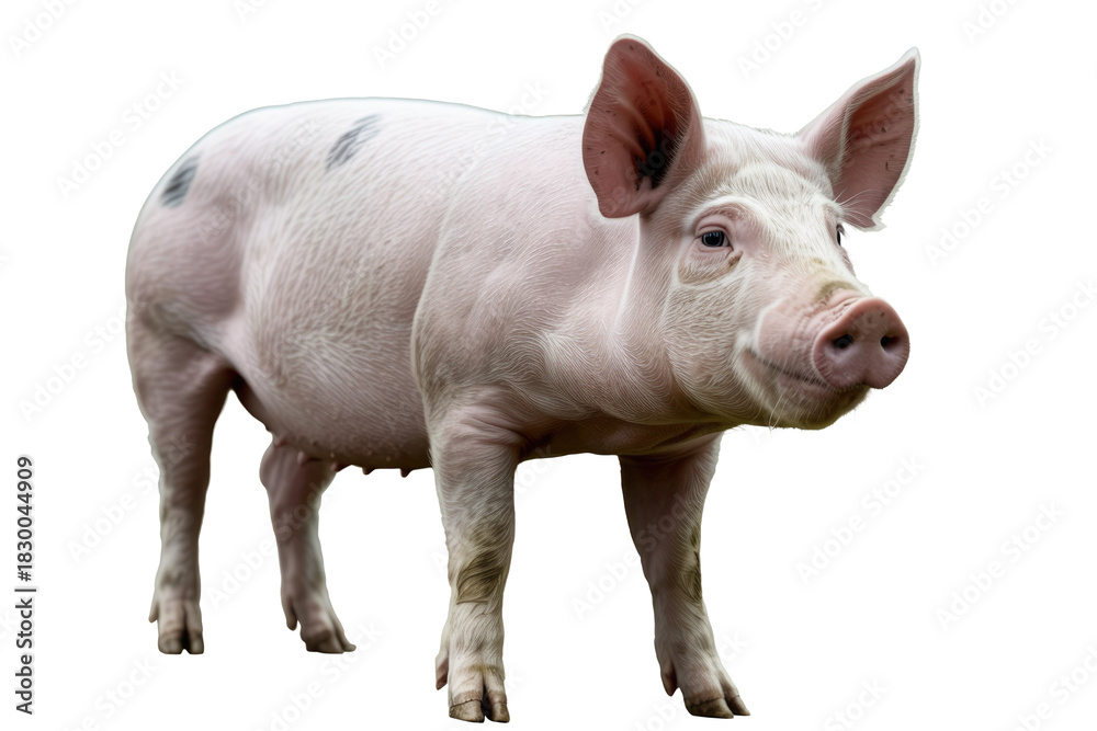 Fototapeta premium A healthy pink piglet with dark spots stands looking forward on a plain transparent background, showcasing its farm animal charm. background removed
