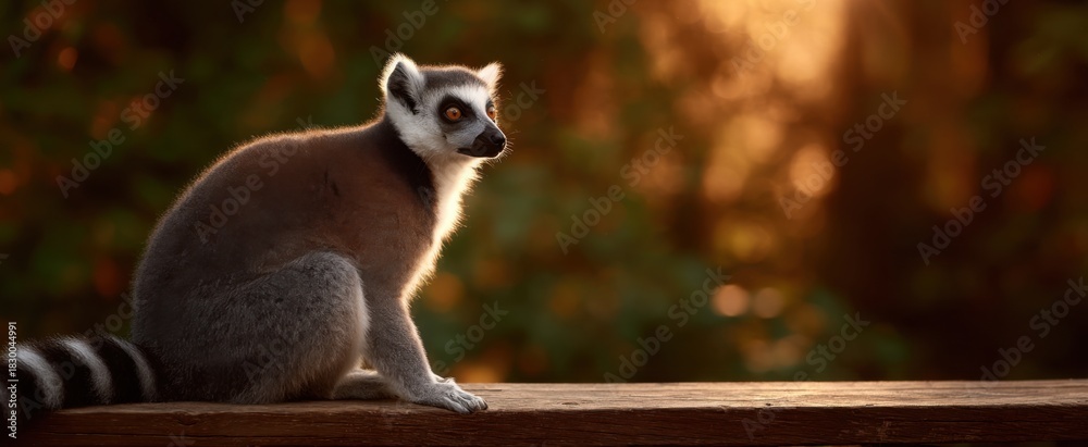 Obraz premium The lemur enjoys warm sunlight while resting on a wooden platform.