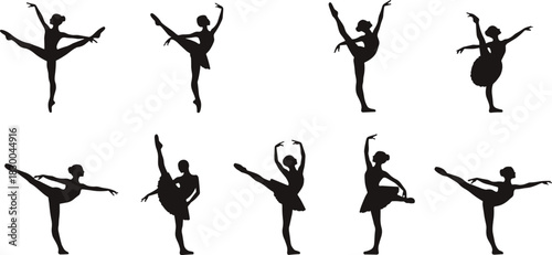 Ballet dancer silhouette set, classical pose arabesque développé icons, graceful motion vector bundle, graphic dance design pack