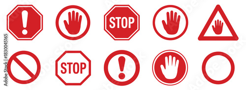 Red stop sign icon set, do not enter, warning and danger symbols, flat vector illustration for safety, traffic and alert design, road and highway icons, caution and hazard symbols, prohibition and res