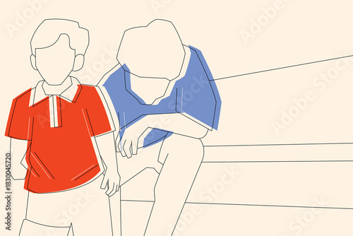 Vector illustration of a child and adult in minimalist line art, suggesting emotional distance and contemplation.
