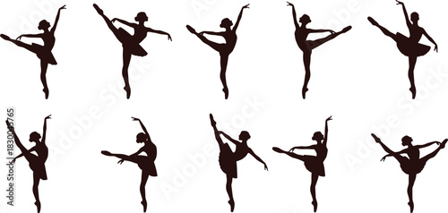 Ballerina silhouette set, high-leg ballet poses, arabesque développé icons, graceful motion vector bundle, graphic dance design pack