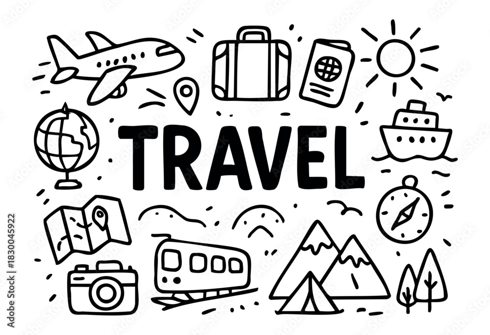 Fototapeta premium Travel doodle illustration — airplane, passport, map, and other vacation elements — stock vector.