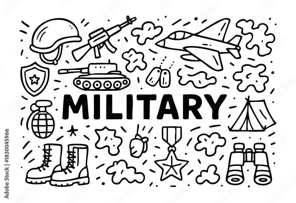 Obraz premium Military doodle illustration — tank, jet, helmet, rifle, and other army elements — stock vector.