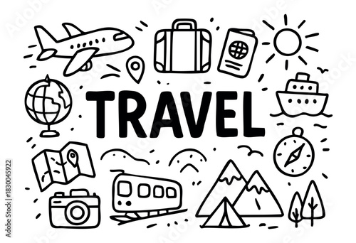 Travel doodle illustration — airplane, passport, map, and other vacation elements — stock vector.