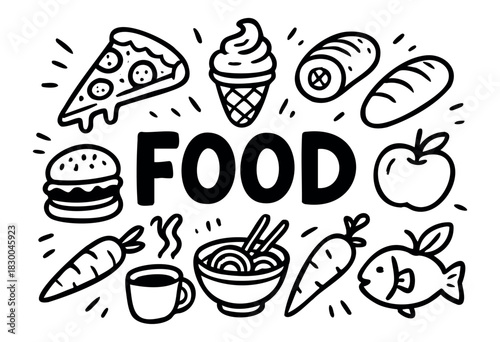 Food doodle illustration — pizza, burger, fruits, vegetables, and other meal items — stock vector.