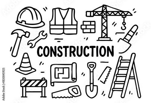 Construction doodle illustration — crane, hard hat, tools, and building site elements — stock vector.