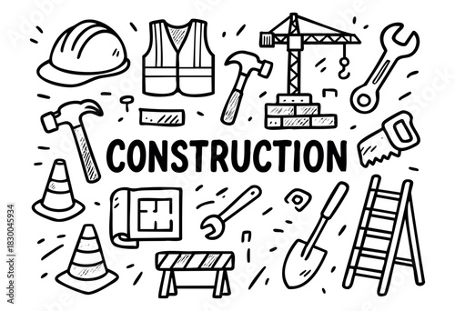 Construction doodle illustration — crane, hard hat, tools, and building site elements — stock vector.