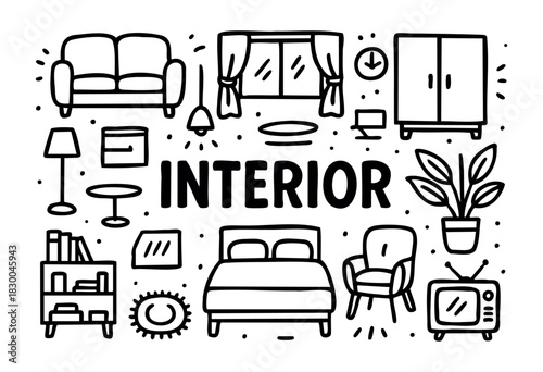 Interior doodle illustration — sofa, bed, lamp, and other home furniture items — stock vector.