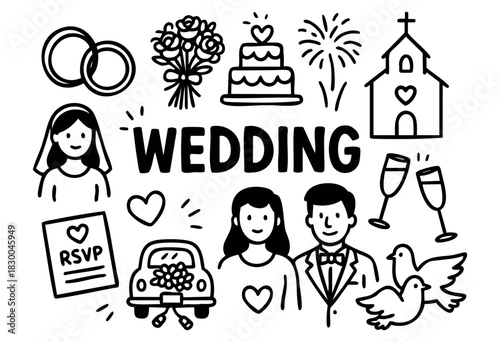 Wedding doodle illustration — bride, groom, rings, cake, and other ceremony items — stock vector.