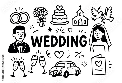 Wedding doodle illustration — bride, groom, rings, cake, and other ceremony items — stock vector.