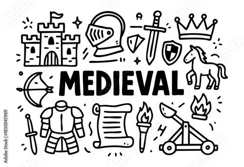 Medieval doodle illustration — castle, knight, sword, and other fantasy elements — stock vector.