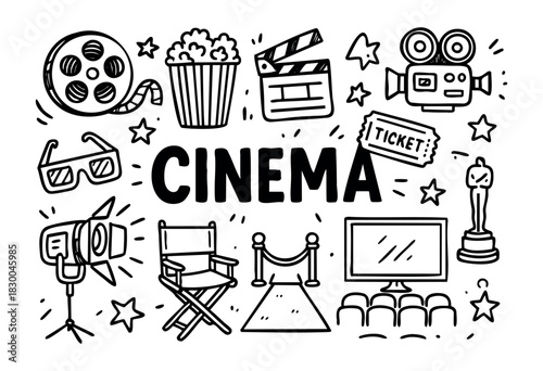 Cinema doodle illustration — camera, film reel, popcorn, and other movie elements — stock vector.