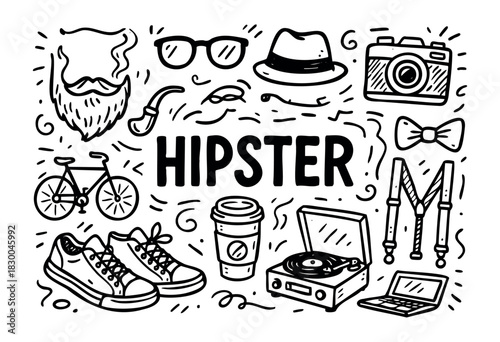 Hipster lifestyle doodle illustration — beard, glasses, vinyl record, and other retro items — stock vector.