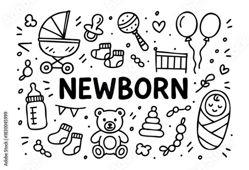 Newborn baby doodle illustration — stroller, crib, bottle, and other baby shower items — stock vector.