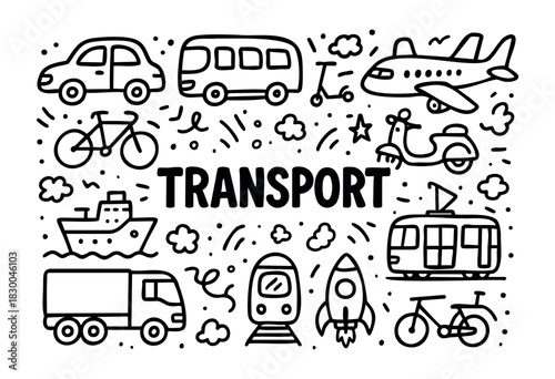 Transport doodle illustration — various modes of transportation vehicles — stock vector.