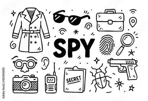 Spy doodle illustration — detective and secret agent equipment — stock vector.