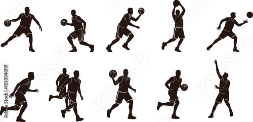 Basketball player silhouette set, dribble shoot pass defend poses, sport motion icons, vector graphic athletic action design bundle