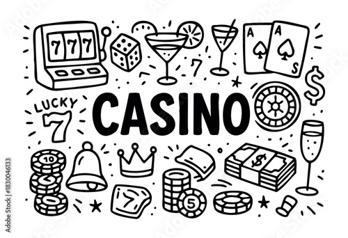 Casino doodle illustration — slot machine, playing cards, roulette, and other gambling items — stock vector.
