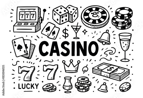 Casino doodle illustration — slot machine, playing cards, roulette, and other gambling items — stock vector.