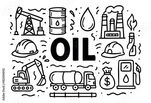 Oil industry doodle illustration — oil rig, pumpjack, refinery, and other petroleum elements — stock vector.