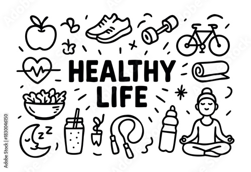 Healthy lifestyle doodle illustration — fitness, diet, and wellness elements — stock vector.