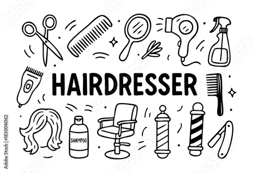 Hairdresser and barbershop doodle illustration — scissors, comb, and other salon tools — stock vector.