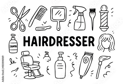 Hairdresser and barbershop doodle illustration — scissors, comb, and other salon tools — stock vector.