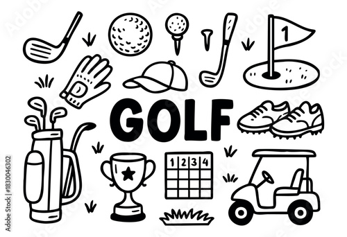Golf doodle illustration — club, ball, and other course equipment — stock vector.