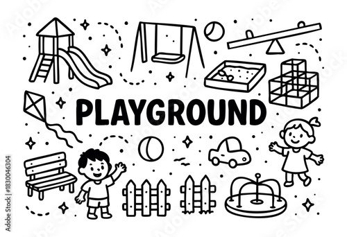 Playground doodle illustration — swing, slide, and other kids' play equipment — stock vector.