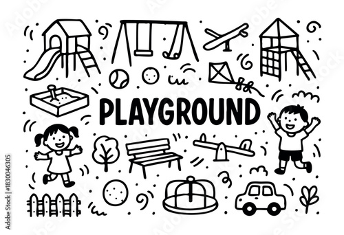 Playground doodle illustration — swing, slide, and other kids' play equipment — stock vector.