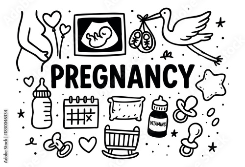 Pregnancy doodle illustration — ultrasound, crib, stork, and other maternity elements — stock vector.