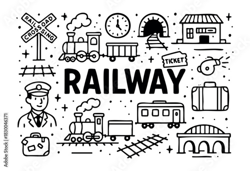 Railway doodle illustration — train, station, tracks, and other railroad elements — stock vector.