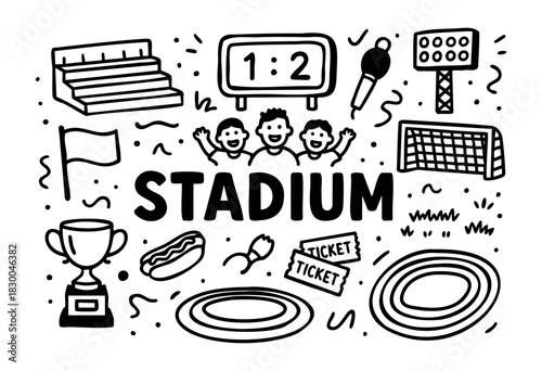 Stadium doodle illustration — arena, scoreboard, fans, and other sports event elements — stock vector.