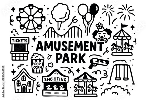 Amusement park doodle illustration — ferris wheel, roller coaster, and other carnival rides — stock vector.