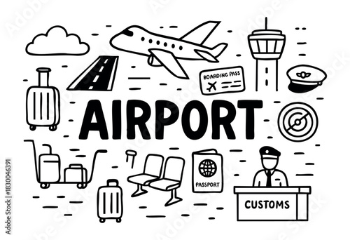 Airport doodle illustration — airplane, passport, and other travel and aviation elements — stock vector.