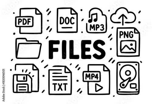 Files doodle illustration — different file types and data storage elements — stock vector.