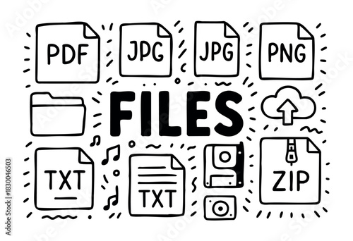 Files doodle illustration — different file types and data storage elements — stock vector.