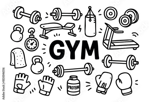 Gym doodle illustration — bodybuilding, fitness, and workout equipment — stock vector.