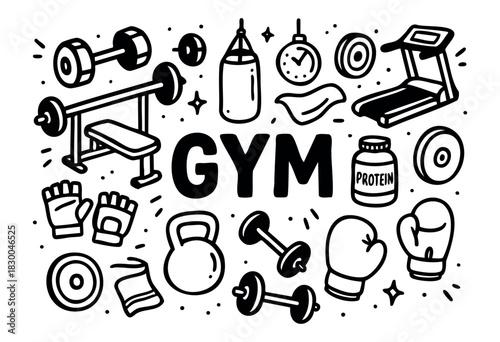 Gym doodle illustration — bodybuilding, fitness, and workout equipment — stock vector.