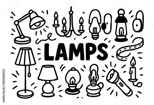 Lamps doodle illustration — various types of lighting fixtures and bulbs — stock vector.