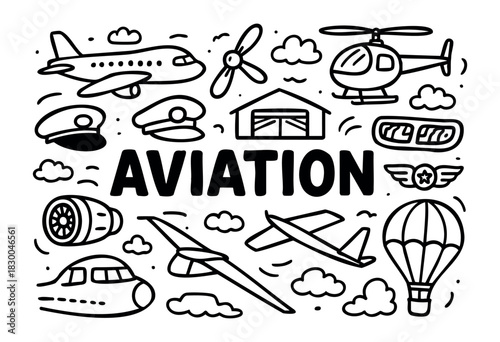 Aviation doodle illustration — airplane, helicopter, pilot, and other flight elements — stock vector.