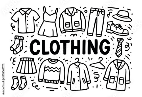 Clothing doodle illustration — shirt, dress, shoes, and other fashion apparel items — stock vector.